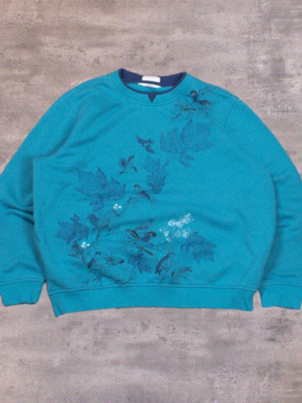 00's Northern Reflection Teal AOP Brid and Flower Grandma Sweater Crewneck